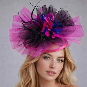 Hot Pink & Black Floral Derby Fascinator Bold Statement Headpiece KY Oaks Ascot
